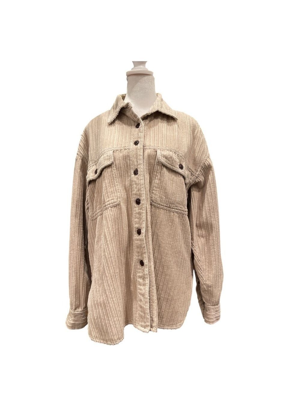 Vintage Signal Heavyweight Corduroy Shacket M Beige Button-Front Tab Pockets